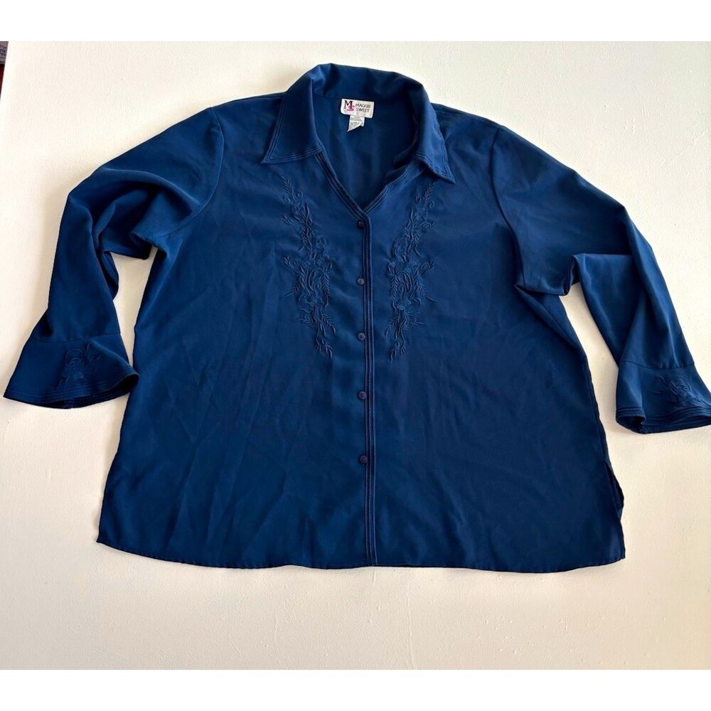 Maggie Sweet 2X Shirt Button Up Navy Embroidered 3/4 Sleeve